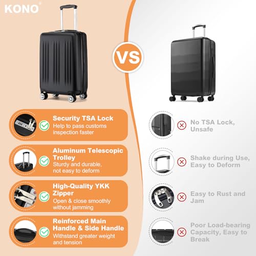 Kono Small 20 Inch Expandable Carry On Luggage with Quiet Spinner Wheels & TSA Lock, Scratch and Drop Resistant PC+ABS Hardside 22x14x9 Airline Approved Suitcase, Black