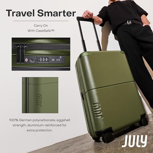 July Carry On with CaseSafe - 20" Built in Tracking, Airline Approved Carry On Luggage with Wheels, Travel Suitcase for Men & Women - Polycarbonate Shell, USB Ports & Ejectable Battery - Moss