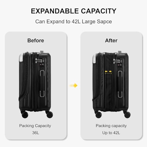 LEVEL8 Grace Hard Shell Carry on Luggage with Front Compartment, 20 Inch Expandable Suitcases with Wheels, Lightweight Carry-on Suitcase for Airplane, Tsa Lock, Black