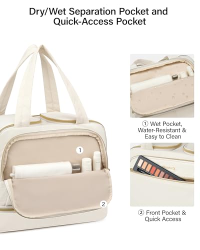 Hanke Travel Toiletry Bag, Lightweight Wide-open Large Toiletry Bags for Women, Dual-Layer Makeup Bag Water-Resistant Cosmetic Travel Bag with Handle for Accessories, Essentials, Off White