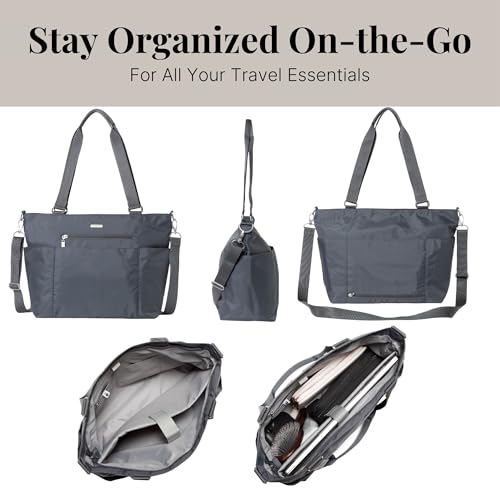 Baggallini Essential Laptop Tote - Work Tote Bag with Laptop Sleeve - Lightweight Travel Crossbody Shoulder Bag for Women, Charcoal Gray
