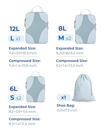 BAGSMART Compression Packing Cubes for Travel, Compressible Luggage Organizer for Cruise Ship, Lightweight Travel Essentials 6-Pack 1L+2M+2S+1Shoe Bag, Sky Blue