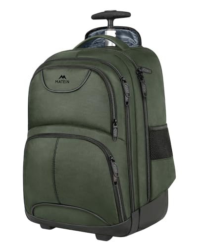 MATEIN Rolling Backpack, 17 Inch Travel Laptop Backpacks with Wheels, Water Resistant Large Roller Carry On Luggage Wheeled, Trolley Overnight Suitcase Business College Computer Bag, Green
