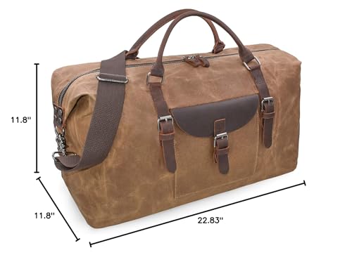 NEWHEY 55L Travel Duffel Bag, Waterproof Waxed Canvas & Leather Weekender Bag for Men, Large Carry-on Overnight Bag for 4-5 Day Business Trips & Weekend Getaways, Brown