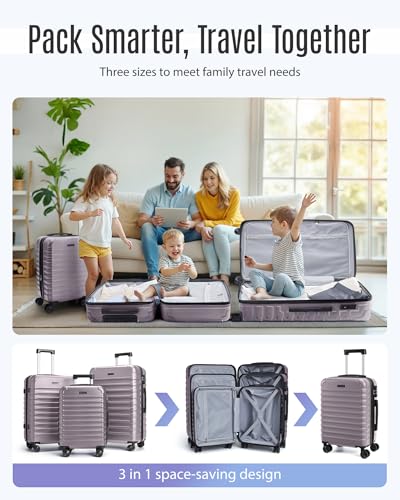 LIGHT FLIGHT Luggage Sets, 3 Piece Durable Suitcase Set with Spinner Wheels, 3 Pcs Hardside Lightweight luggage with TSA Lock, Large Checked Travel Suitcases, 20/24/28 Inch, Rose Purple
