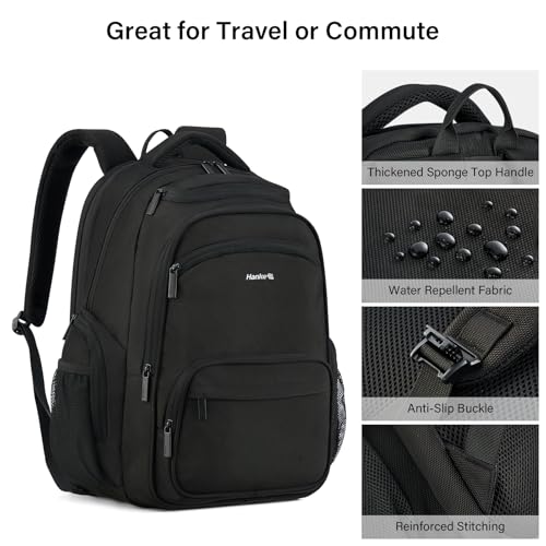 Hanke College Laptop Backpack Multi-Pocket, 18-Inch Large Travel Backpack for Men Women, Water Resistant College Bookbag for 15.6 Inch Laptop, Casual Daily Personal Item Size Airline Approved,Black