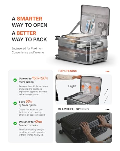 ISLAND ELEPHANT Expandable 20Inch Carry On Luggage Airline Approved - Top Opening Hardside Travel Suitcase Unbreakable -with Cup Holder,USB Charge,Side Pothook, 360°Spinner Wheels, TSA Lock-Grey