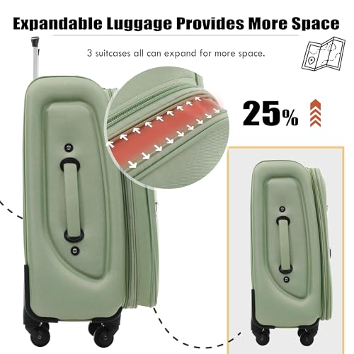 Merax Softside Luggage Set, Travel Suitcase Expandable Lightweight, 3 Piece Luggage Sets with Duffel Bag 22" 26" 30" Suitcase with TSA Lock Spinner Wheels,Light Green