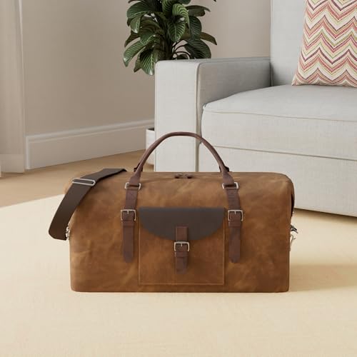 NEWHEY 55L Travel Duffel Bag, Waterproof Waxed Canvas & Leather Weekender Bag for Men, Large Carry-on Overnight Bag for 4-5 Day Business Trips & Weekend Getaways, Brown