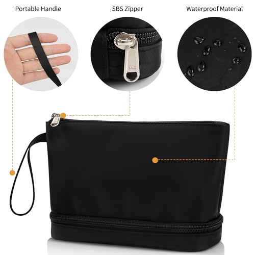 Ethereal Small Makeup Bag, 2 Layers Travel Makeup Bag with Makeup Brush Holder, Cosmetic Bag Black Make up Pouch for Women/Girls