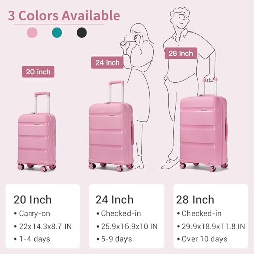 Kono Carry On Luggage 24 Inch Checked-Medium Hard Shell Travel Trolley 4 Spinner Wheels Lightweight Polypropylene Suitcase with TSA Lock, Pink