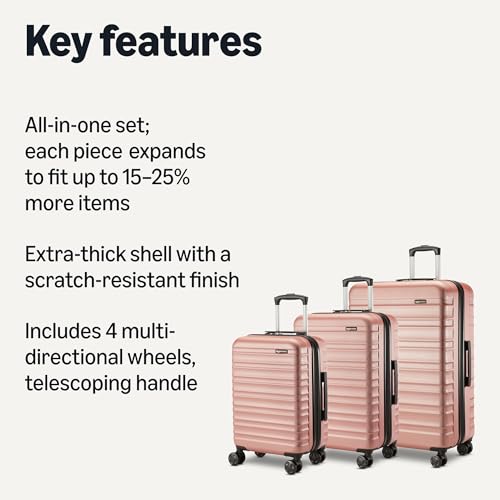 Amazon Basics 3-Piece Hardshell Suitcases Set (21", 26", 30"), Expandable For Up to 25% More Space, With Scratch-Resistant Finish, Four Multi-Directional Wheels, Rose Gold