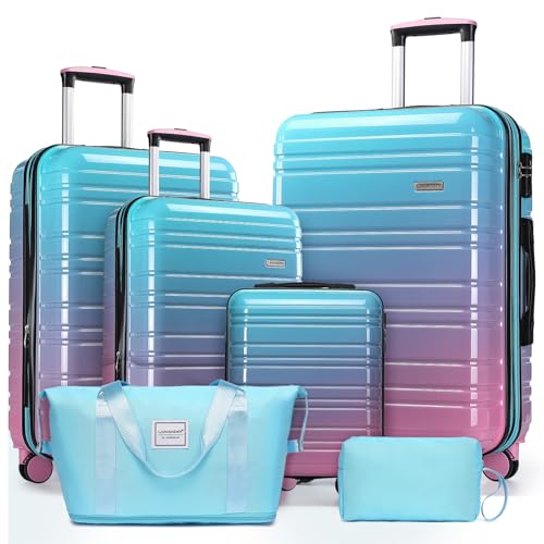 LARVENDER Luggage Sets 6 Piece, Expandable PC+ABS Hardside Multicolor Suitcase Sets with TSA Lock Double Spinner Wheels, Cotton Candy