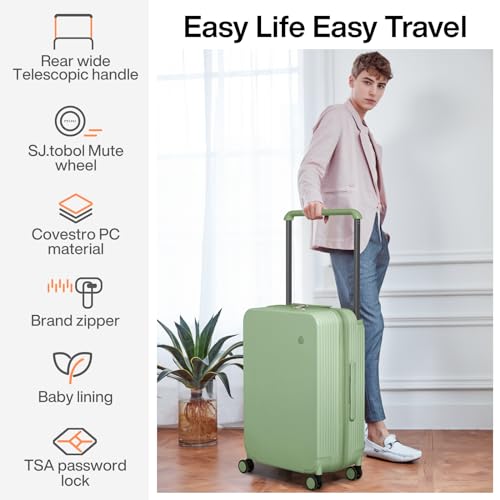 mixi Carry On Luggage Airline Approved Wide Handle Lightweight Luggage PC Hard Shell Suitcases Rolling Suitcases with Spinner Wheels & TSA Lock, 20 Inch Avocado Green