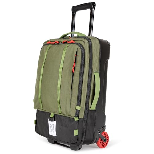 Topo Designs Global Travel Roller Bag Suitcase, Carry-On Friendly, 3 Carry Options, Smooth Heavy Duty Wheels, Telescoping Handle, Designed in Denver CO USA, PFAS Free (Olive/Olive)