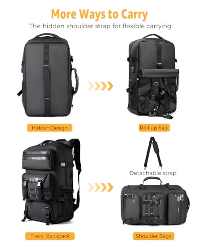 Ponhog Travel Backpack for Men, 50L Carry On Flight Approved Convertible Duffle Bag with Shoe Compartment, 17 inch Laptop Luggage with USB Charging Port for Weekender Hiking, Black