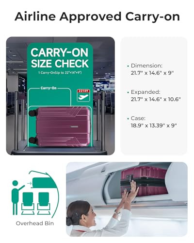 BAGSMART Expandable Carry On Luggage 22x14x9 Airline Approved, 20 Inch Travel Luggage with Spinner Wheels, Lightweight Hard Shell Suitcase Carry on Purplish Red
