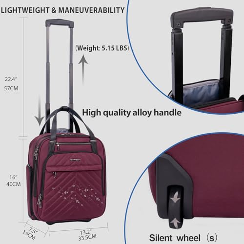 VANKEAN Carry On Underseat 16-inch Multi-functional Underseater Lightweight Overnight Suitcase with Wheels, Roller Case for Men Women Travel Business, Burgundy