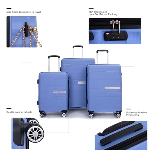 Tripcomp Luggage 3 Piece Sets Suitcase Set with Double Spinner Wheels, Lightweight Carry On Hardside Travel Luggage with TSA Lock, (20/24/28) (Purplish Blue)
