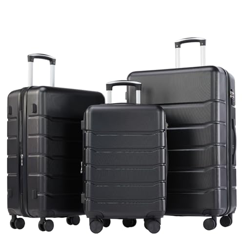 OLIXIS 3-Piece Luggage Set, Carry On Suitcases with Spinner Wheels, Expandable Travel Luggage with TSA Approved Lock & ABS Hard Shell, Black, 20/24/28 Inch