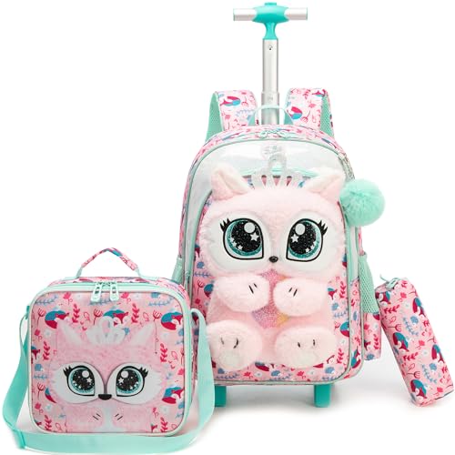 Meetbelify Rolling Backpack for Girls 3D Carton Backpack with Wheels for Elementary Student Kids Plush School Bag with Lunch Box Pencil Case for Girls Ages 6-8 Years Old Pink