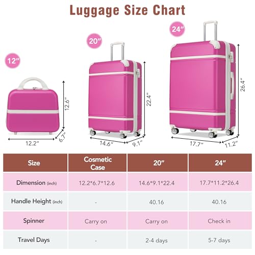 Merax Hard Shell Luggage Set, 3 Pieces 20”+24”Luggage and Cosmetic Case, Lightweight Suitcase with Spinner Wheels and TSA Lock, Pink