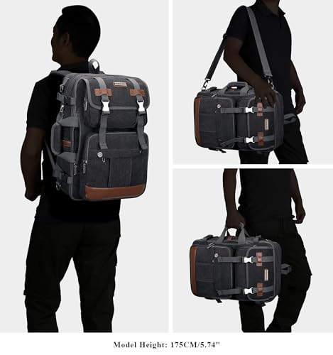 WITZMAN Canvas Travel Backpack for Men Large Laptop Backpack Fit 16 inch Carry-on Airline Approved Convertible Shoulder Rucksack(A6617-3 Black)