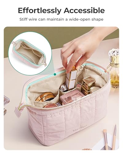 BAGSMART Makeup Bag Travel Toiletry Bag, Puffy Padded Make Up Bags for Women Makeup Organizer Case, Wide-open Pouch Purse Travel Essentials Toiletries Accessories Brushes, Black