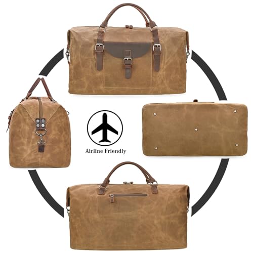 NEWHEY 55L Travel Duffel Bag, Waterproof Waxed Canvas & Leather Weekender Bag for Men, Large Carry-on Overnight Bag for 4-5 Day Business Trips & Weekend Getaways, Brown