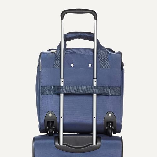 Amazon Basics Underseat Carry-On Luggage with Wheels and Handle, 14" Rolling Travel Bag, Fits Overhead Bins, Organized Compartments, Navy