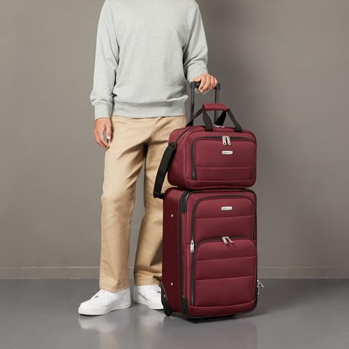 Amazon Basics 2-Piece Softside Luggage Set, 23-Inch Expandable Suitcase with Wheels and 15-Inch Tote, Front Pockets, Telescopic Handle, Burgundy