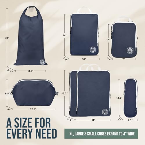 Large Compression Packing Cubes for Travel-Packing Cube Luggage Organizers 7 Piece Set for Checked Luggage-Ultralight, Expandable/Compression Bags by TRIPPED Travel Gear (Navy/White)