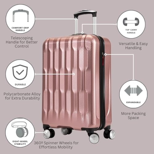 Ricardo Beverly Hills Lombard Hardside Carry-On Luggage – Expandable Travel Bag with 8-Spinner Dual Wheels & Telescoping Handle. 21-inch, Rose Gold