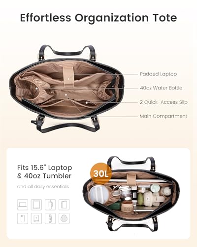LOVEVOOK Laptop Bag for Women, 15.6 Inch Large Work Tote Bag with 40oz Cup Holder, Waterproof PU Leather Computer Briefcase for Teacher, Professional Business Shoulder Purse Black