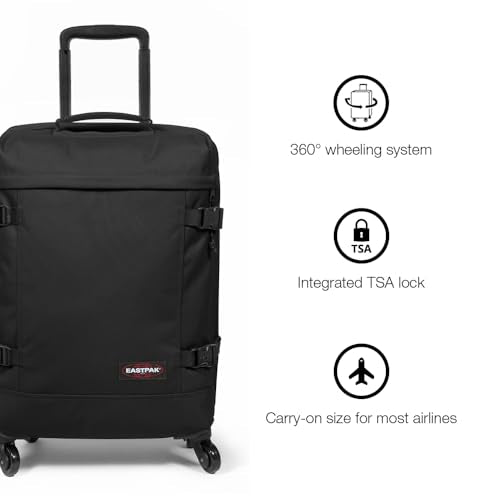 EASTPAK TRANS4 S – 44L Small Cabin Wheeled Luggage, Two Compartments, TSA Lock, 360° Spinner Wheels, and Telescopic Handle, Black Denim