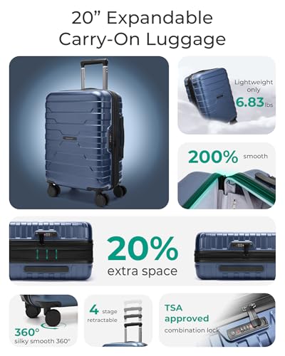 BAGSMART Carry On Luggage 22x14x9 Airline Approved with Spinner Wheels,Lightweight 20 Inch Luggage with TSA Lock,Expandable Hard Shell Carry On Suitcases for Men Women,Dark Blue