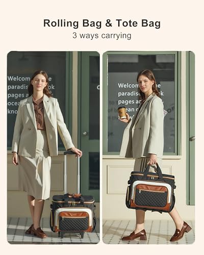 LOVEVOOK Rolling Teacher Bag with Detachable Dolly and Laptop Compartment, Large Rolling Tote Bag fits for 17.3" Laptop for Teacher Office Work Craft Nurse, Black-beige-brown