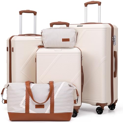 CONCEPTEN Luggage Sets 5 Piece, Hardside Spinner Suitcases with Wheels, Lightweight Carry On Luggage Set with TSA Lock, 20in 24in 28in ABS Hardshell Travel Set, White