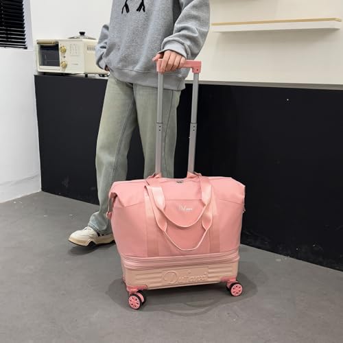 Dufanxi Expandable Rolling Travel Bag with Removable Wheels & Handle, Large Capacity Wheeled Duffle Tote, Foldable Carry On Luggage for Women, Lightweight Weekender Overnight Bag (Pink)