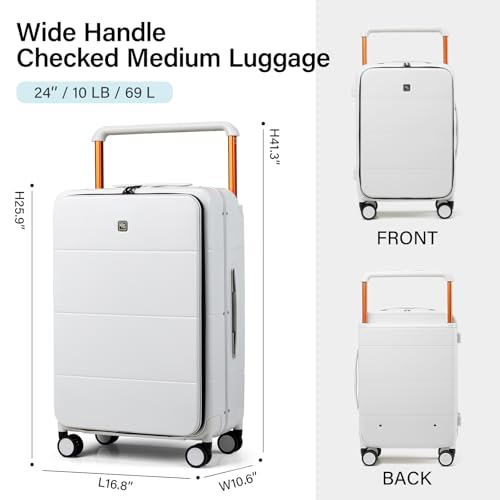 Hanke Top Opening 24 Inch Luggage with Spinner Wheels, Aluminum Frame All-PC Hard Shell Medium Suitcase, Trunk Wide Handle Luggage for Travel, TSA Checked-Medium (Smoke White, 69L)