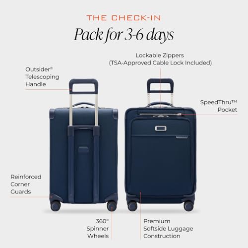 Briggs & Riley 24 Inch Compact Checked Suitcase Luggage with Wheels - Zipperless Compression Expansion System, 360 Spinner, Flat Packing Interior, Accessible Front Pocket - Baseline Collection - Navy