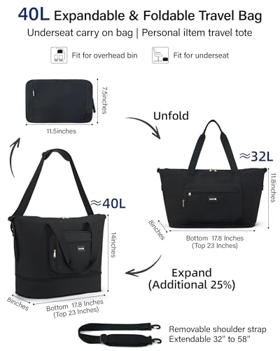 Hanke 40L Foldable Travel Tote Bags for Women Men, Expandable Weekender Bag with 11 Pockets, Wet Dry Separation, Laptop Compartment, Carry On Luggage Bag for Travel Gym Beach Daily Use(Black)