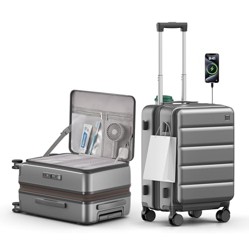 ISLAND ELEPHANT Expandable 20Inch Carry On Luggage Airline Approved - Top Opening Hardside Travel Suitcase Unbreakable -with Cup Holder,USB Charge,Side Pothook, 360°Spinner Wheels, TSA Lock-Grey