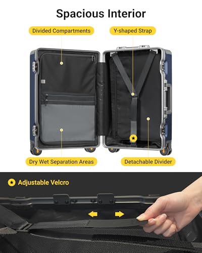 LEVEL8 Zipperless Checked Luggage with Aluminum Frame, Upgraded Medium Hardside Suitcase with Spinner Wheels, Metal Travel Luggage with Double Tsa Locks, 24 Inch, Blue