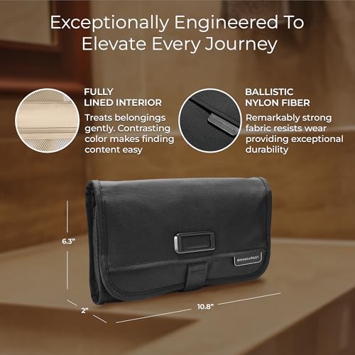 Briggs & Riley Slim Hangable Kit - Hanging Toiletry Travel Bags for Women & Men, Organizer for Vacation, Compact Dopp Kit for Bathroom Accessories, Makeup, & Skincare - Baseline Collection, Black