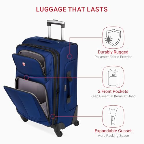SWISSGEAR Sion Softside Expandable Spinner Luggage Durable Lightweight Travel Suitcase, Blue, Checked-Medium