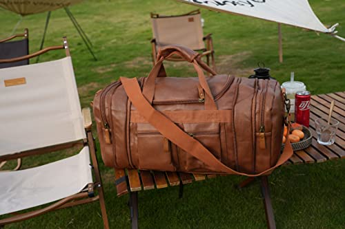 Vegan Leather Travel Duffel Weekender Bag Carry on Overnight Bag Sports Duffel bag For men and Women HB-21 (Brown)
