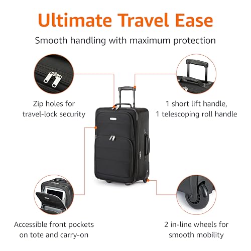 Amazon Basics Softside Luggage Set, 23-Inch Expandable Suitcase with Wheels and 15-Inch Tote, Extra Space (+15%), Front Pockets, Telescopic Handle, Black