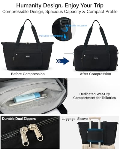 Hanke 40L Foldable Travel Tote Bags for Women Men, Expandable Weekender Bag with 11 Pockets, Wet Dry Separation, Laptop Compartment, Carry On Luggage Bag for Travel Gym Beach Daily Use(Black)