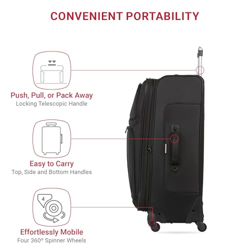 SWISSGEAR Sion Softside Expandable Spinner Luggage Durable Lightweight Travel Suitcase, Black, Checked-Large